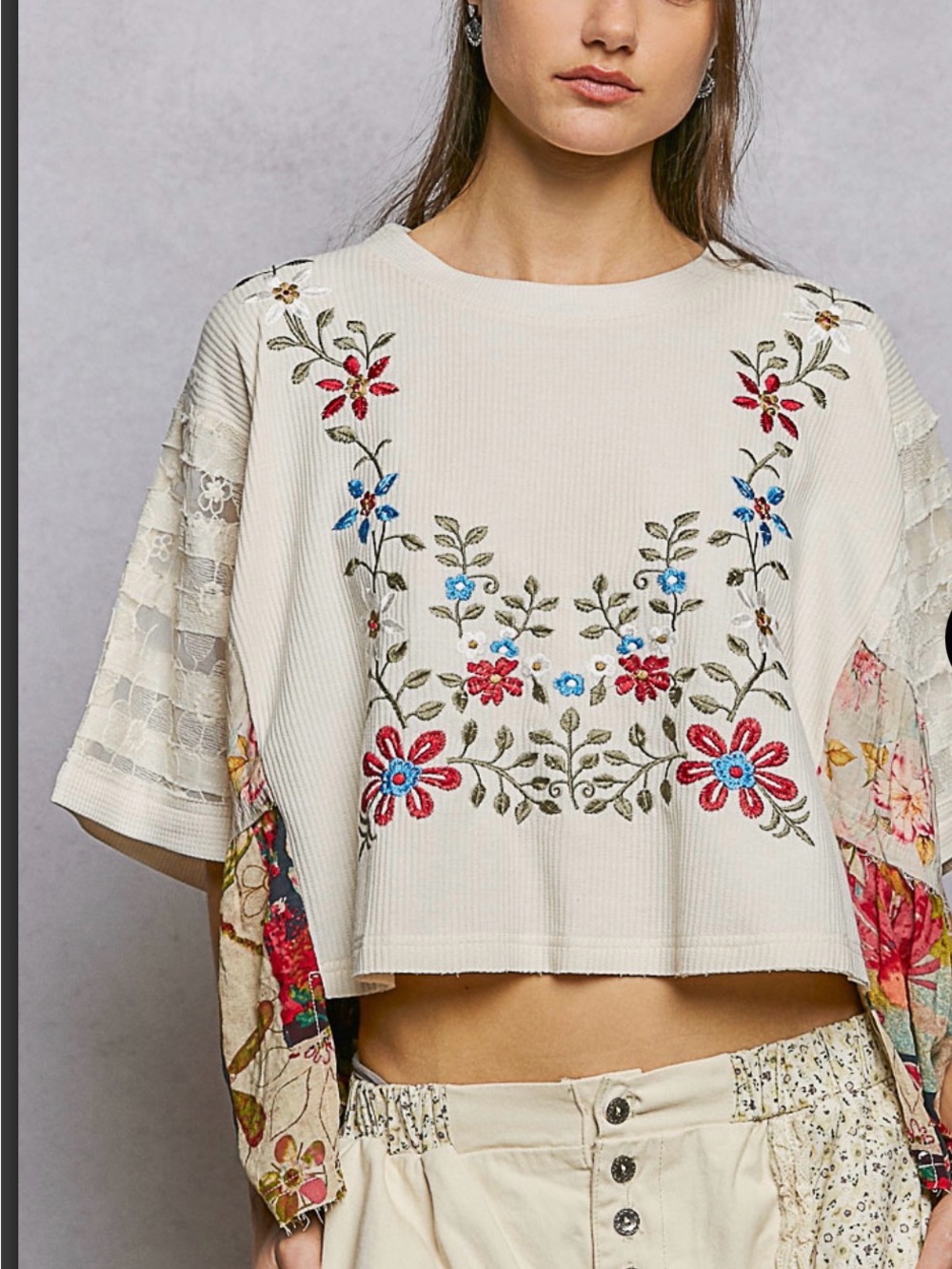 POL Boho Embroidered Cream Crop Top